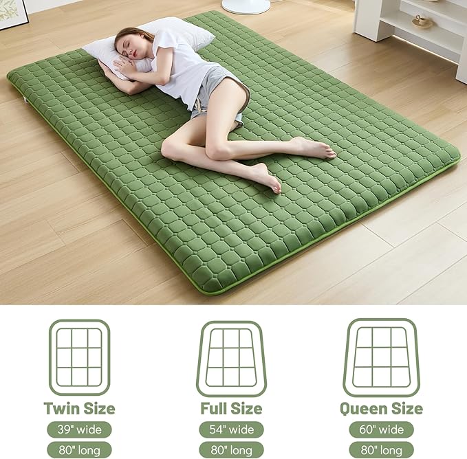 Japanese Floor Mattress Full, Anti-Slip Japanese Futon Foldable Tatami Mat for Guests, Green