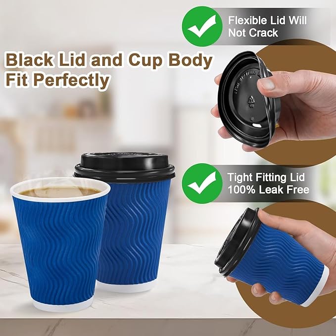 500 Pack Coffee Cups with Lids 16oz, Disposable Insulated Ripple Wall To Go Paper Coffee Cups for Hot/Cold Drinks Office Home Shop Event (Navy)