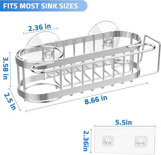 Cisily Kitchen Sink Caddy Sponge Holder in The Sink, Stainless Steel Kitchen Sink Organizer, Brush Holder, Dish Cloth Hanger, Sink Stopper Holder with 2 Installation Ways (Suction & Adhesives, Silver