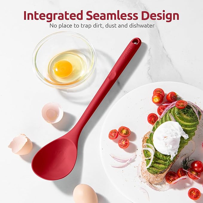 600ºF Heat Resistant Silicone Spoon: U-Taste 13.3in Solid Kitchen Cooking Spoon, Nonstick Food Grade Large & Long Soup Rubber Utensil for Mixing, Serving, Stirring, Basting, for Pot Cookware (Red)