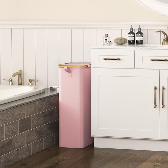 Lifewit 75L Slim Laundry Hamper with Lid, Narrow Laundry Basket with Removable Bag & Bamboo Handles, Fodable Thin Dirty Clothes Hamper for Laundry Collapsible Bin for Bathroom Bedroom Dorm, Pink