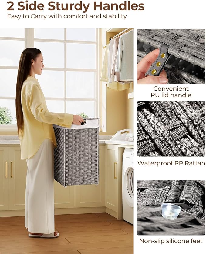 Greenstell Laundry Hamper with lid, No Install Needed, 110L Wicker Laundry Baskets Foldable 2 Removable Liner Bags, 2 Section Clothes Hamper Handwoven Rattan Laundry Basket with Handles, Gray