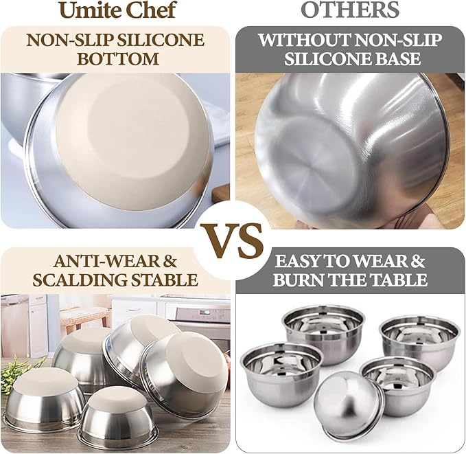 Umite Chef Mixing Bowls with Airtight Lids Set, 8PCS Stainless Steel Khaki Nesting Bowls with Grater Attachments, Kitchen Bowls with Non-Slip Bottoms, Size 5, 4, 3.5, 2, 1.5QT for Mixing & Serving