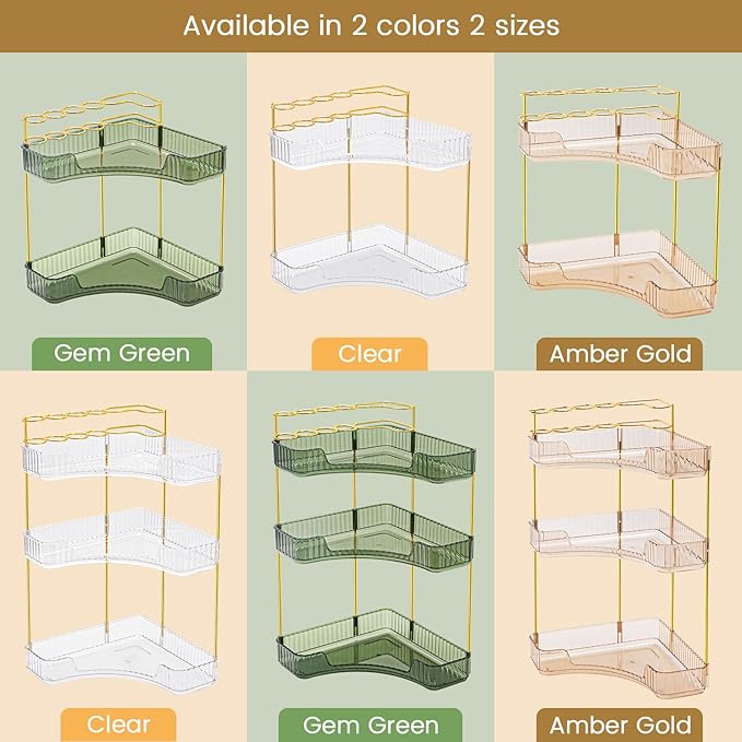 NATURE'S SOURCE Makeup Organizer for Vanity, 3-Tier Corner Bathroom Organizer Countertop with Makeup Brush Holder, Corner Counter Storage for Bathroom Dresser- Amber Gold