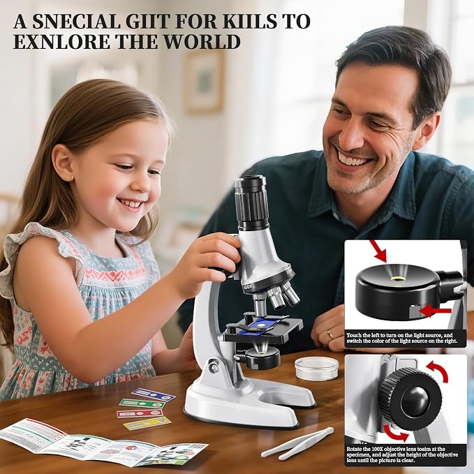 65 Pieces Microscope Kit for Kids Ages 5-7 8-13, 100X-1200X Magnification with 7 Colors of LED Lights and 12 Prepared Slides, Science Experiment STEM Kits for Boys and Girls Age 8-12 Years