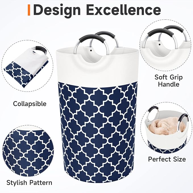 Large Laundry Basket Laundry Hamper Bag Washing Bin Clothes Bag Collapsible Tall with Handles Waterproof Travel Bathroom College Essentials Storage for College Dorm, Family (Blue) 82L