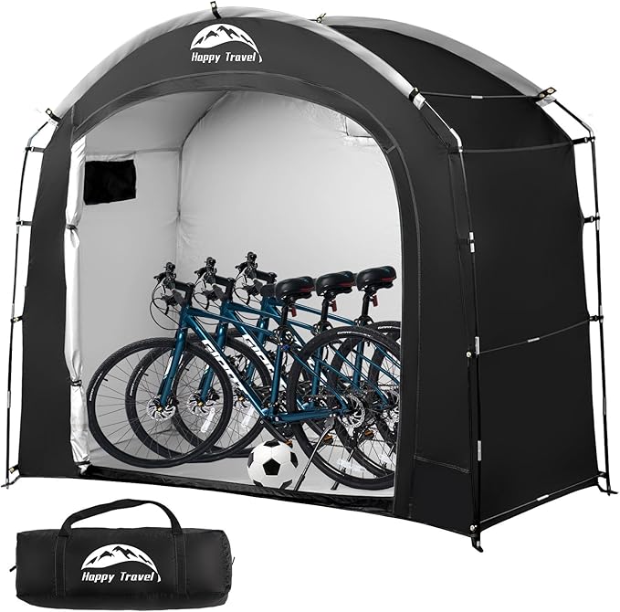 Happy Travel Bike Storage Shed Tent, Waterproof Portable Bicycle Cover with 30% More Top Storage Space for 2/3/4/5 Bikes,Clips Easy Setup Outdoor Sheds Shelter for Motorcycle, Garden Tools, Lawn Mower