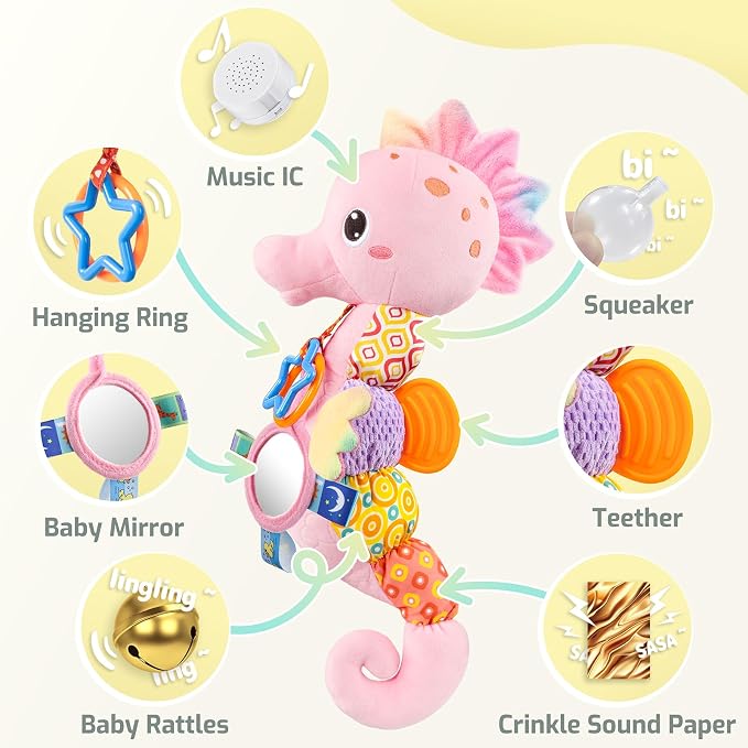 Sumobaby Infant Baby Musical Stuffed Animal Activity Soft Toys with Multi-Sensory Crinkle, Rattle and Textures, for Tummy Time Newborn 0-3-6-12 Months Girls,Seahorses - Pink with Baby Mirror
