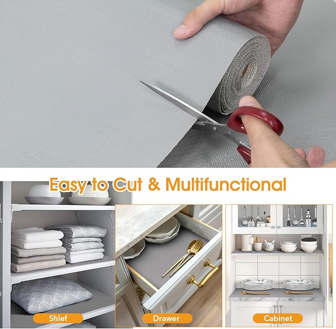 Shelf and Drawer Liner for Kitchen Cabinets Non-Adhesive, Strong Grip Non-Slip Thickened Cabinet Liners for Shelves, Waterproof Mats for Dresser Cupboard, Pure Gray, 23 in x 10 Feet