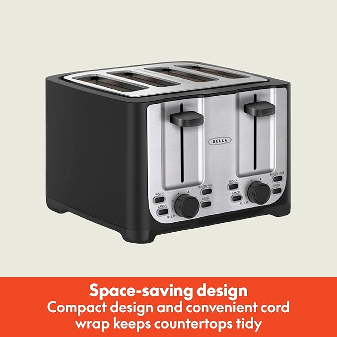 bella 4 Slice Toaster with Auto Shut Off, Extra Wide Slots & Removable Crumb Tray and Cancel, Defrost & Reheat Function, Toast Bread & Bagel, Black