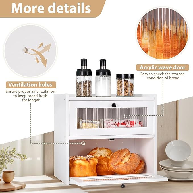 Sunhoo Bread Box for Kitchen Countertop Wooden Bread Storage Container Bin 2 Layer Breadbox Holder Large Capacity Keeper Vintage Farmhouse Food Organizer Pantry Shelf Acrylic Window (White)