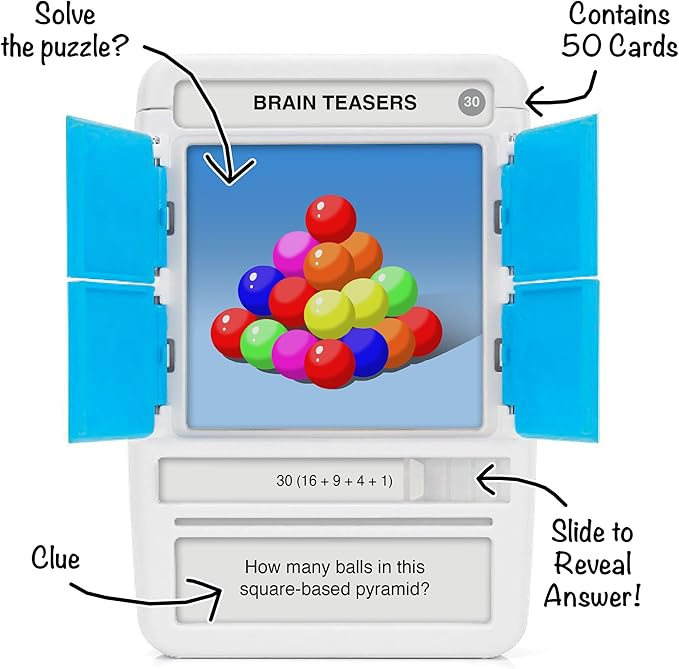100 PICS Brain Teasers Travel Game - Solve 100 Puzzles | Flash Cards with Slide Reveal Case | Card Game, Gift, Stocking Stuffer | Hours of Fun for Kids and Adults | Age 6+