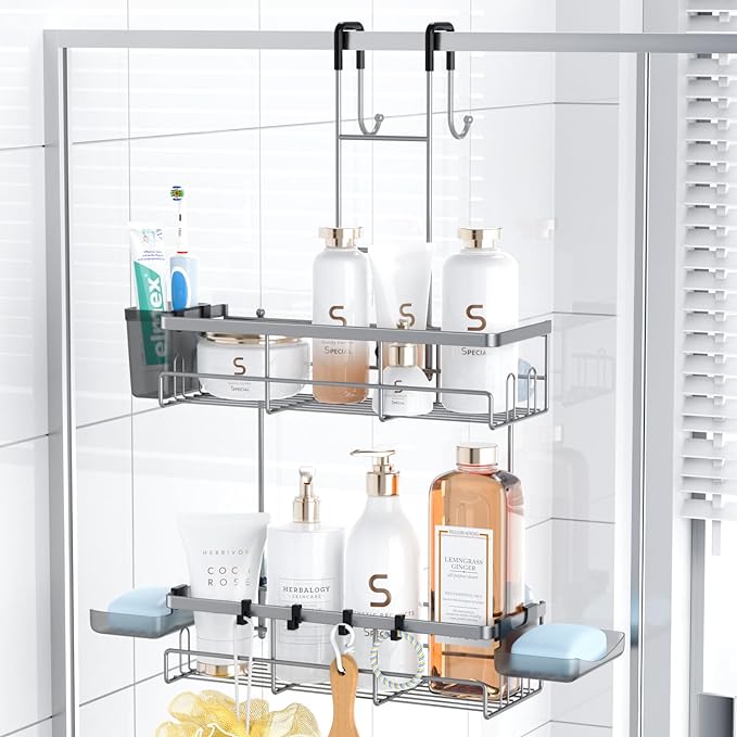 Hanging Shower Caddy Over Door: Silver Rustproof Shower Organizer over the Door - No Drilling Bathroom Rack for Inside Shower