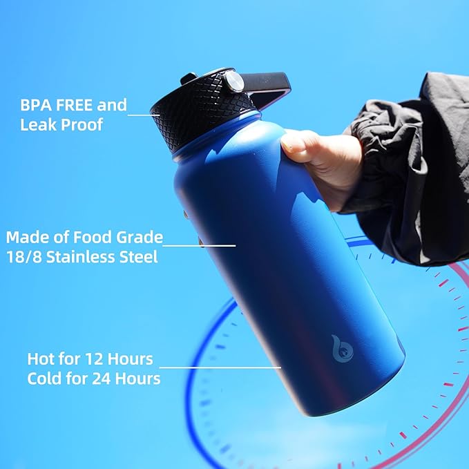 BJPKPK Insulated Water Bottles with Straw Lid, 27oz Stainless Steel Water Bottle with 3 Lids, Leak Proof BPA Free Metal Thermo, Mugs, Tumblers, Keep Cold Hot - Teakwood