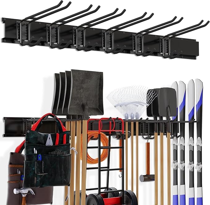 Garage Organization, Garage Tool Organizer Wall Mount with 48 inches Rails and 6 Double-layer Hooks, Tool Organizer Rack For Yard Tools, Shovel, Chair, Snowborad