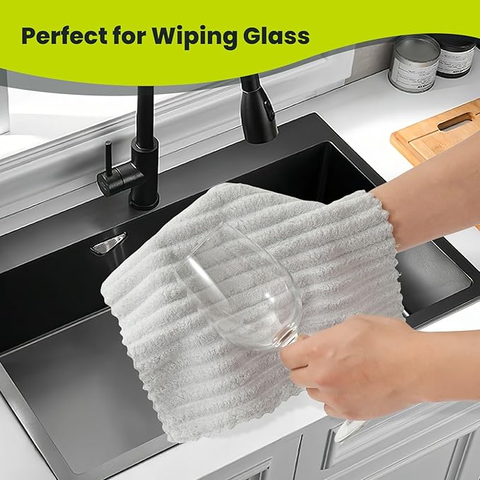 Kitchen Dish Cloths,Super Absorbent Coral Velvet Dish Towels,Quick Drying Kitchen Towels No Lint Dish Rags,Reusable Household Microfiber Cleaning Cloth,12X12 inches(12 Pack,Light Grey Streak)