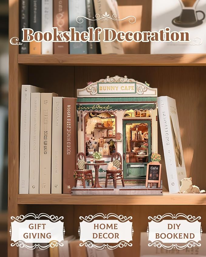 CUTEBEE Book Nook Kit - DIY Miniature House Dollhouse Kit for Adult and Teens, Booknook Bookshelf Decor Alley Model Build with LED Light, Gifts for Family and Friends (Sunny Cafe)