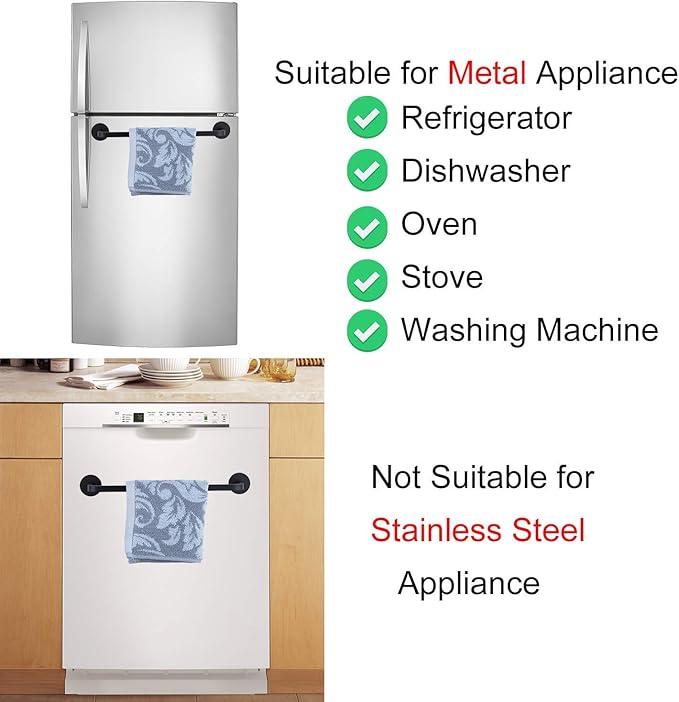 2 Pieces Magnetic Towel Bar for Refrigerator, Magnetic Towel Holder Towel Hook Hanger for Fridge, Kitchen Stove, Oven, Dishwasher, Sink Laundry Washing Machine Black