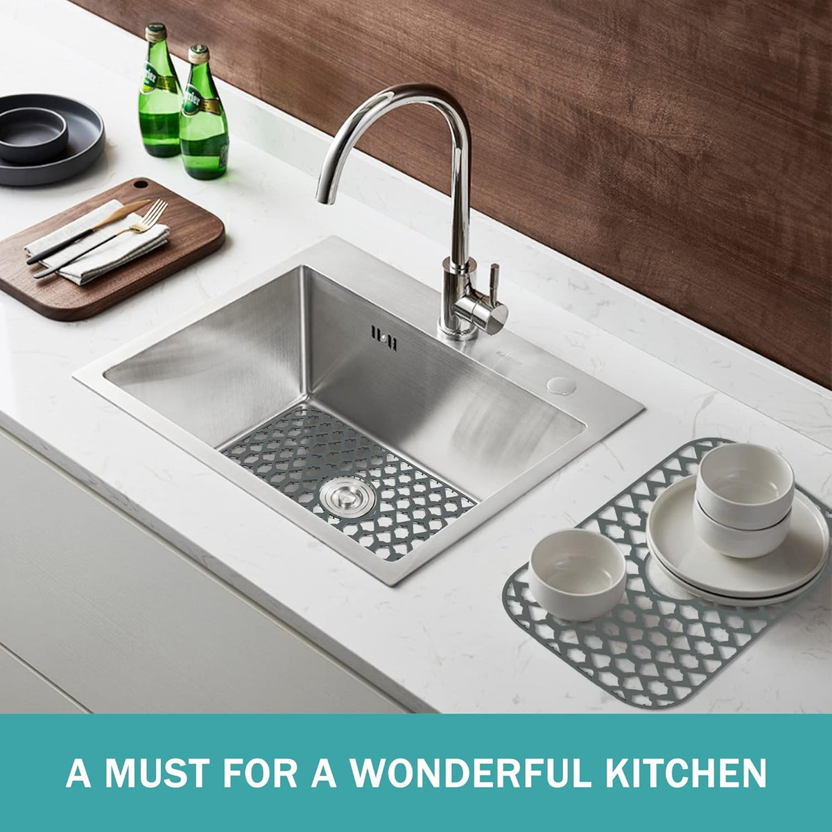 Sink Protectors for Kitchen Sink 13x11 &16x12 &19x14 &22x13 &24x13 &26x14 &28x14 &30x16, Large Silicone Sink Mats Grid for Bottom of Farmhouse Sink (19”x13”, Center Drain)