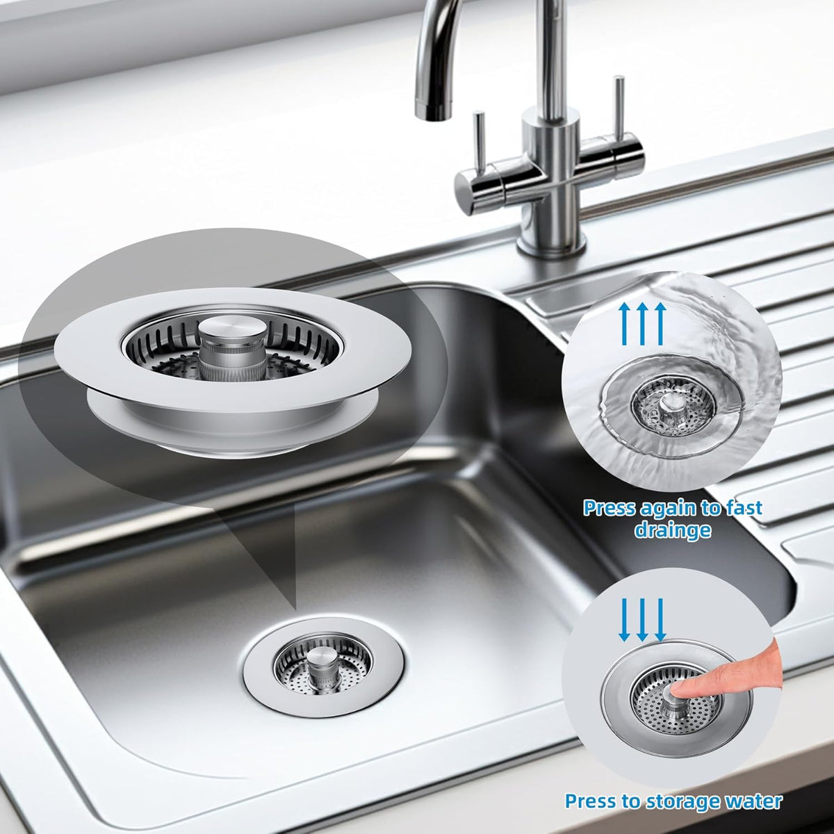 Hibbent All Metal Stainless Steel 3 in 1 Kitchen Sink Drain Strainer, Upgraded Anti-Rust Sink Stop Combo, 3 Anti-Clogging Stainless Steel Baskets with Metal Handle for US Standard 3-1/2" Drain