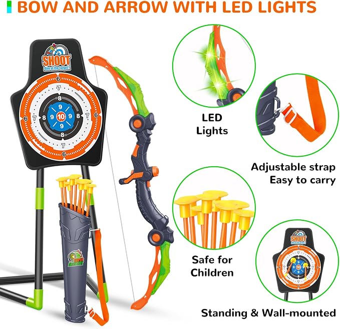 GMAOPHY 2 Pack Bow and Arrow Toy for 5 6 7 8 9 10 11 12 Year Old Boys, Birthday for Kids, Indoor Outdoor Sport Games Toys for Ages 4-8 8-12, LED Light Up Archery Set with 20 Suction Cup Arrows