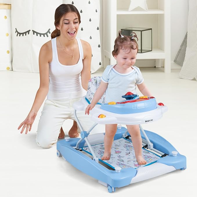 HONEY JOY Baby Walker, 6-in-1 Foldable Baby Walker and Bouncer Combo, Infant Activity Walker with Wheels, Adjustable Heights, Rocker, Music, Lights, Walker for Baby Boy Girl 7-14 Months (Blue)