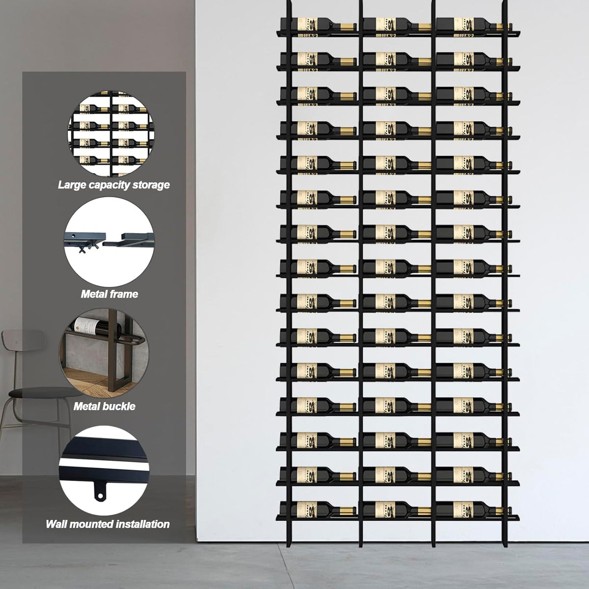 Wine Rack Freestanding Floor, 16 Tier 48 Bottle Capacity Display Holder, Industrial Wine Bottle Storage Shelves, for Any Bar, Wine Cellar, Kitchen, Dining Room (Gold, 3 Column)