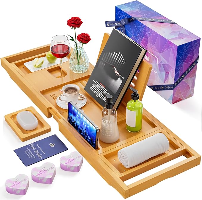 Original Wood Color Foldable Bamboo Bathtub Caddy, Bathtub Tray, Can Place Wine Glasses, Books, Mobile Phones Multifunctional Bath Tub, Suitable for Gifts in Various Festivals