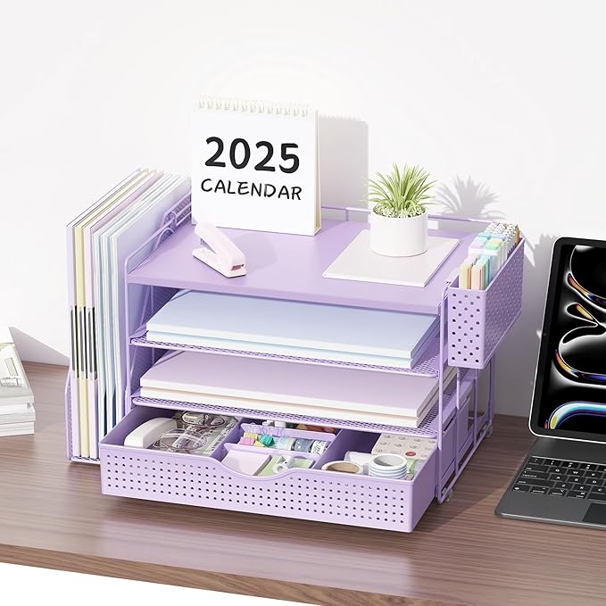 gianotter Wood Desk Organizers and Accessories with File Holder, 4-Tier Desk Accessories & Workspace Organizers with Drawer and Pen Holder, Paper Organizer for Office Supplies (Purple)