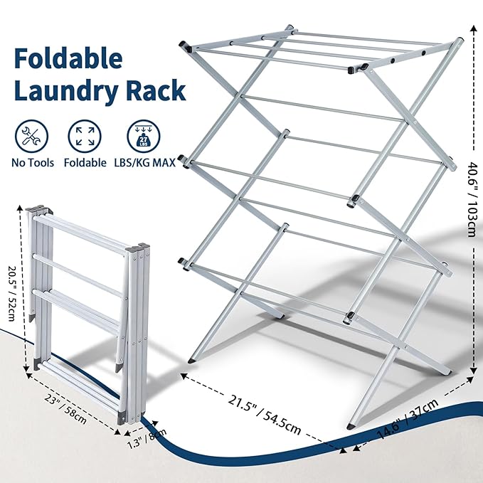 Whitmor Foldable Clothes Drying Rack: 3 Tier Laundry Drying Rack, Collapsible Drying Rack Clothing, Portable Space Saving Clothing Rack for Indoor Outdoor, 22.6" L × 14.6" W × 41.3" H, Gray