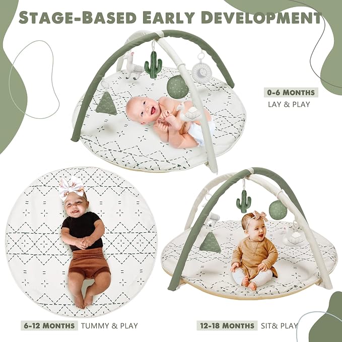 Little Dove Tummy Time Mat with 6 Toys, Macrame Baby Play Mat for Newborn, Baby Gym with 12 Milestone Cards, Stage-Based Sensory and Motor Skill Development Baby Play Gym, Non Slip Mat Washable, Green