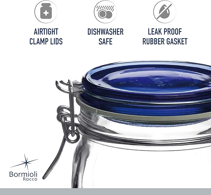 Bormioli Rocco Fido Collection, 2 Pack, 33¾ Oz. Food Storage Glass Jars, Airtight Rubber Seal & Glass Lid, With Stainless Wire Clamp, Made In Italy.