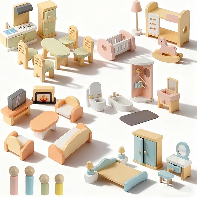 35PCS Wooden Dollhouse Furniture Set with Dolls for 5 Rooms Kits, Doll House Accessories Furniture Toys for Toddlers, Pretend Play Toys Christmas Birthday Gift for Girls and Boys, 3+