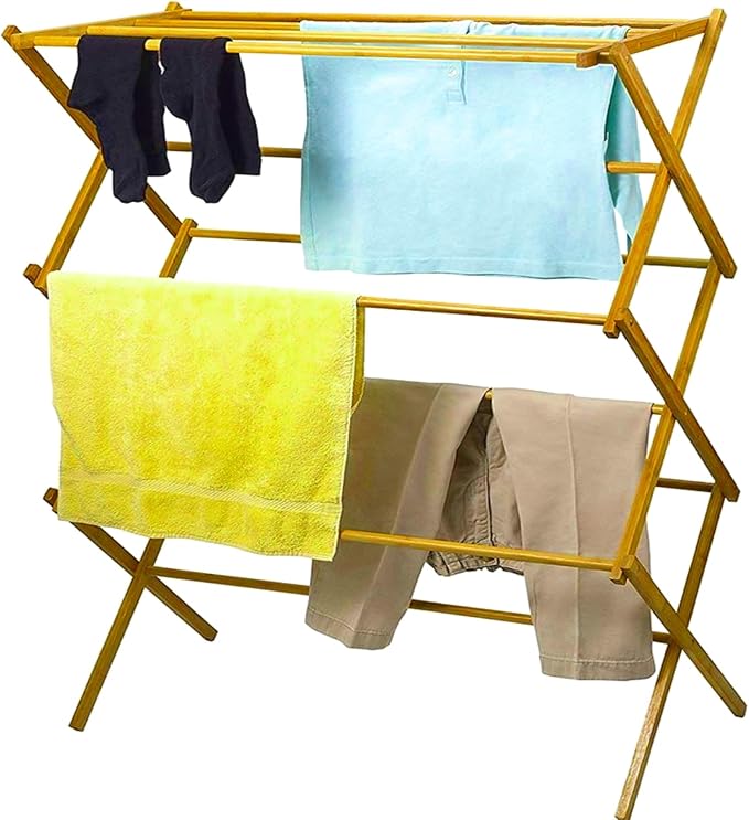 HOME IT Wooden Clothes Drying Rack for Laundry - Collapsible Folding Bamboo Laundry Drying Rack for Drying Clothes - Heavy Duty Pre Assembled