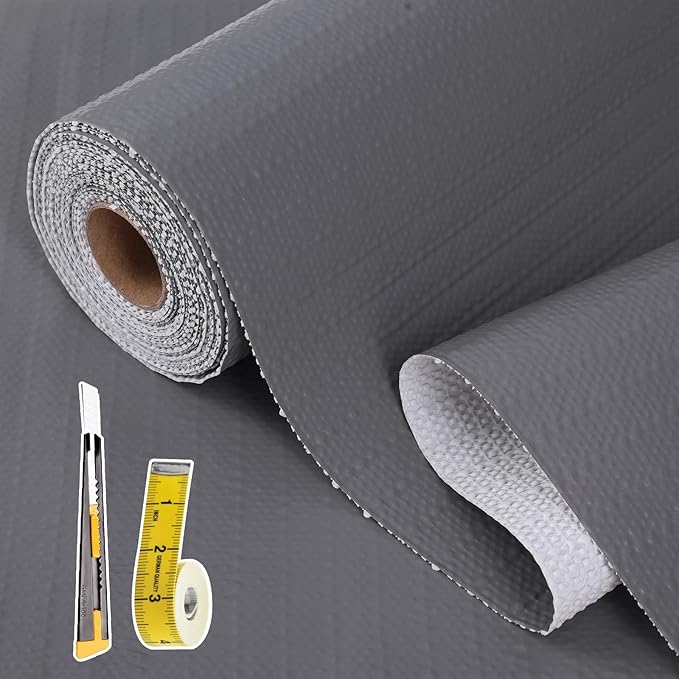 Drawer and Shelf Liner for Kitchen Cabinet: 17 in X 30 Ft Non Slip Waterproof Shelf Paper Non Adhesive Refrigerator Liners Gray Easy Liners for Bathroom Cupboard with Knife Tape Measure