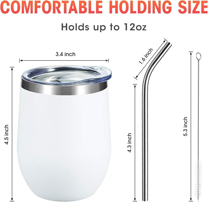 COMOOO Stainless Steel Wine Tumbler with Lid and Straw 12oz Double Wall Vacuum Insulated Travel Tumbler Cup for Coffee, Wine, Cocktails, Champagne (Mix color,12 Pack)