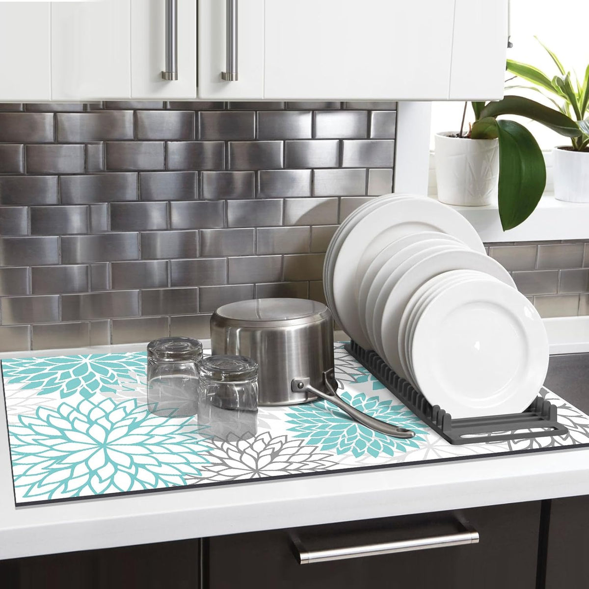 Findosom 2PCS 17" x 32" Dish Drying Mat & 24" x 5.5" Sink Splash Guard, Super Absorbent & Cuttable Dish Mat Drying Kitchen Mat with Teal Floral, Hide Stain Drying Mat for Kitchen Counter
