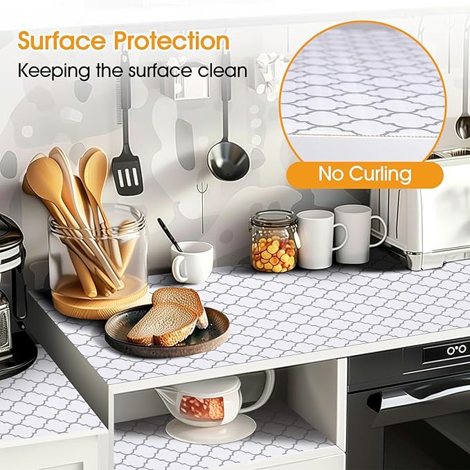 Shelf and Drawer Liner for Kitchen Cabinets Non-Adhesive, Strong Grip Non-Slip Thickened Cabinet Liners for Shelves, Waterproof Mats for Dresser Cupboard, White/Gray, 17 in x 30 Feet
