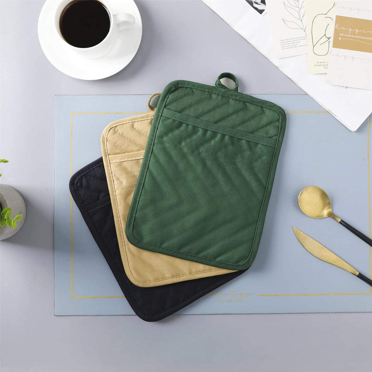 Anyi Pot Holders and Oven Mitts 7" X 9" Heat Resistant Cotton Pocket Pot Holder Set Feature of Non Slip Kitchen Hot Pad Oven Mitts, 3-Pack (Mood Indigo)