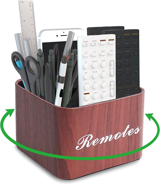 Hennaja Square Leather Art Supply Organizer,Remote Control Holder with Removable Dividers,360°Rotatable Pencil Holders,4 Compartments Organizer for Office Supplies Storage Box(1-Light Brown)
