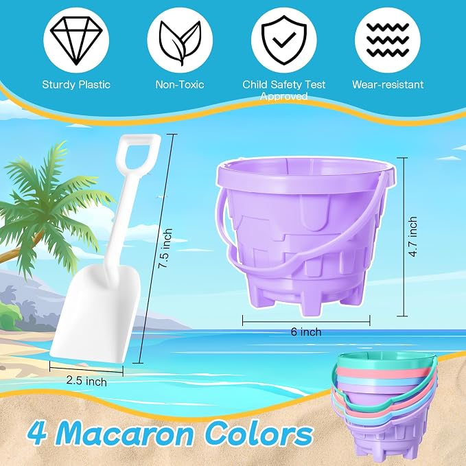 Lunmon 36 Pcs Beach Toys for Kids 12 Set Sand Buckets Shovels Bulk Pastel Beach Balls Inflatable Sand Toys for Girls Boys Toddlers Games Birthday Summer Pool Party Favor (Macaron, Castle)