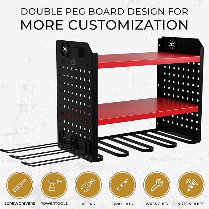 Power Tool Organizer-6 Drill Holder Wall Mount, 3 Tier Heavy-Duty Hand Tool Storage Rack, Utility Racks, Drill Holder, 2 Pegboard Sides - Garage Storage Cordless Tool Organizer (Red)