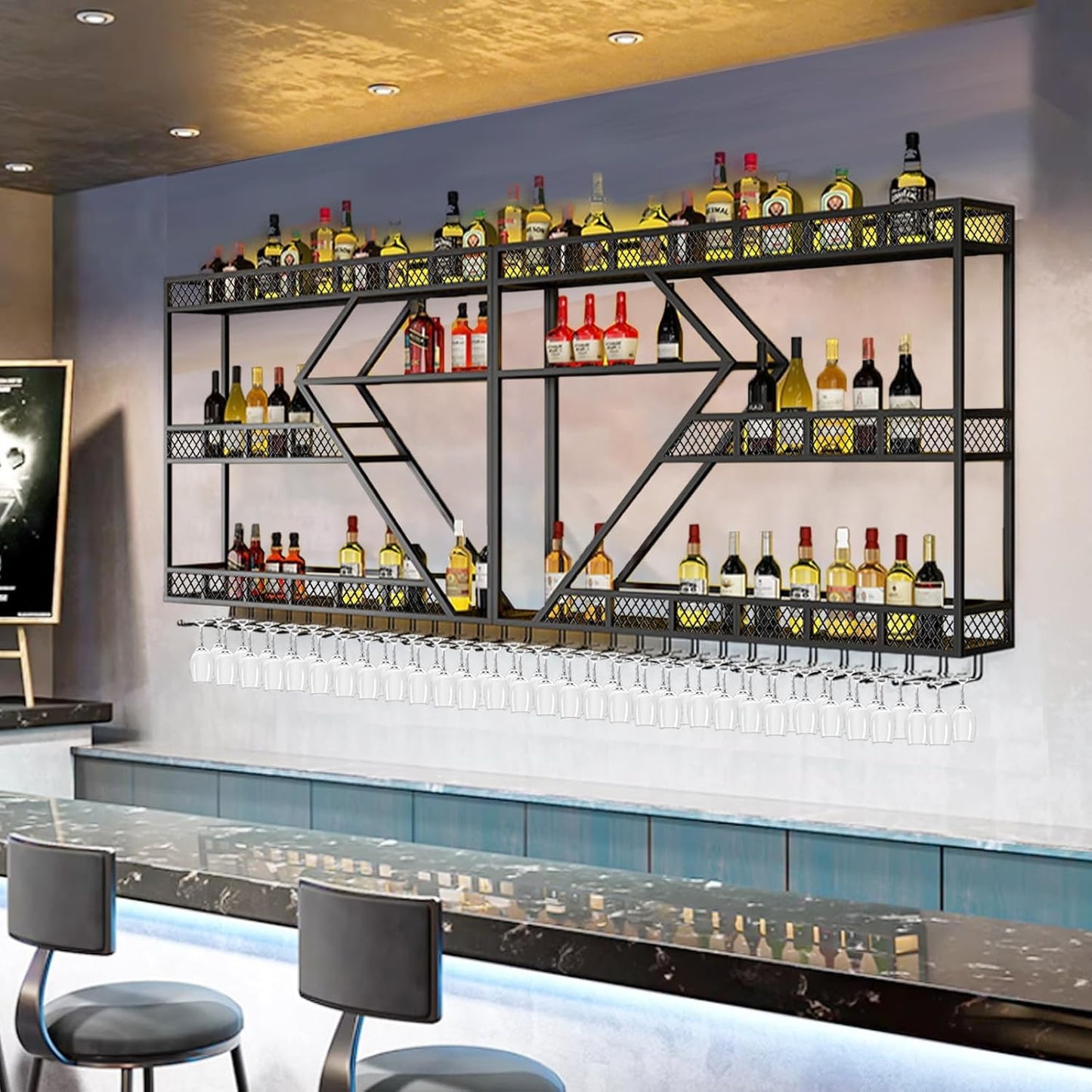 63in Metal Wine Rack Wall Mounted, Modern Wine Storage Rack Wall Mounted with Wine Glass Holder, Liquor Shelf, Bar Shelves for Liquor Bottles (3TIERS Gold, 63 * 7.87 * 33.85INCH)