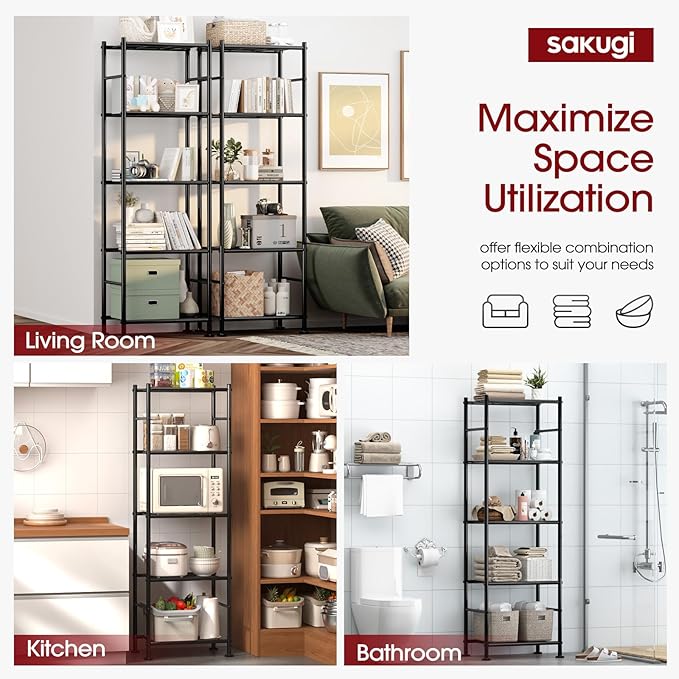 Storage Shelves - 5 Tier Shelf Organizer, Heavy Duty Garage Shelving Unit with Leveling Feet, Stable Metal Shelves Organizer for Pantry, Kitchen and Closet, 18.4" W x 12.6" D x 57.4" H, Black