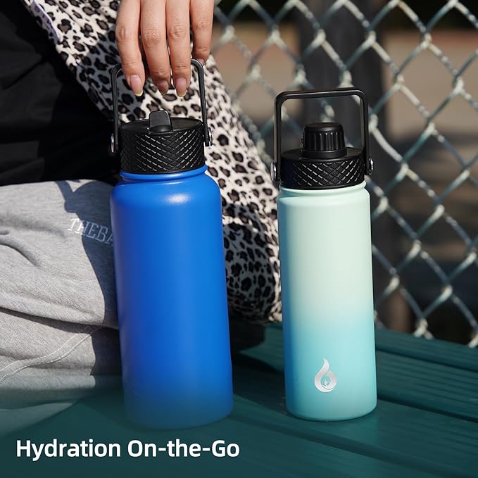 BJPKPK Insulated Water Bottles with Straw Lid, 40oz Stainless Steel Water Bottles with 3 Lids, BPA Free Leakproof Thermo, Tumblers, Cups for Sports, Gym- Marble Frozen