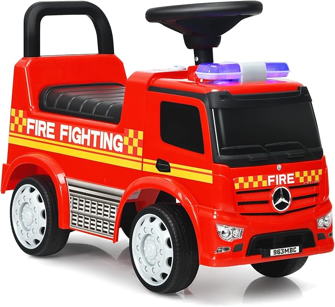 Costzon Ride On Push Car for Toddlers, Licensed Mercedes Benz Sliding Car w/Steering Wheel, Horn, Headlights, Under Seat Storage, Foot-to-Floor Riding Toy for Boys Girls 18-36 Months (Fire Truck, Red)