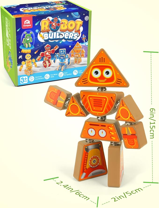 Coogam Snap Together Robot Builders for Toddlers, Wooden Take Apart Robot Build Block Playset, Fine Motor Skill STEM Educational Montessori Toy Gift for 3 4 5 Years Old Kids