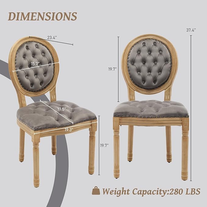 French Country Dining Chairs Set of 4,Farmhouse Upholstered Dining Room Chairs with Tufted Round Back&Solid Leg,Velvet Kitchen Side Chairs for Kitchen/Bedroom/Dining Room,Gray