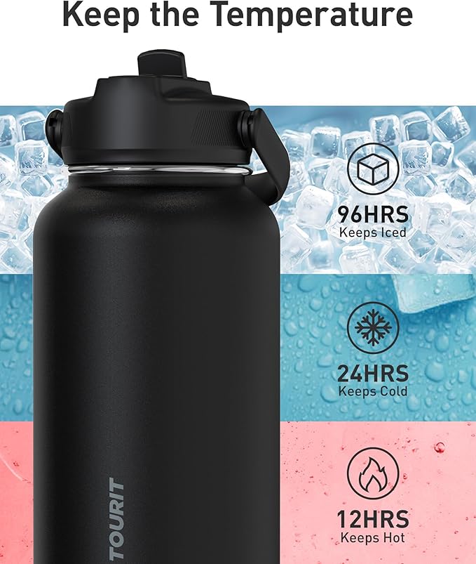 TOURIT 32 oz Insulated Water Bottle, Stainless Steel Bottle With Straw, Double Wall Vacuum Insulation for Cold and Hot Drinks, Leak Proof BPA Free Flask for Sports and Travel, Black