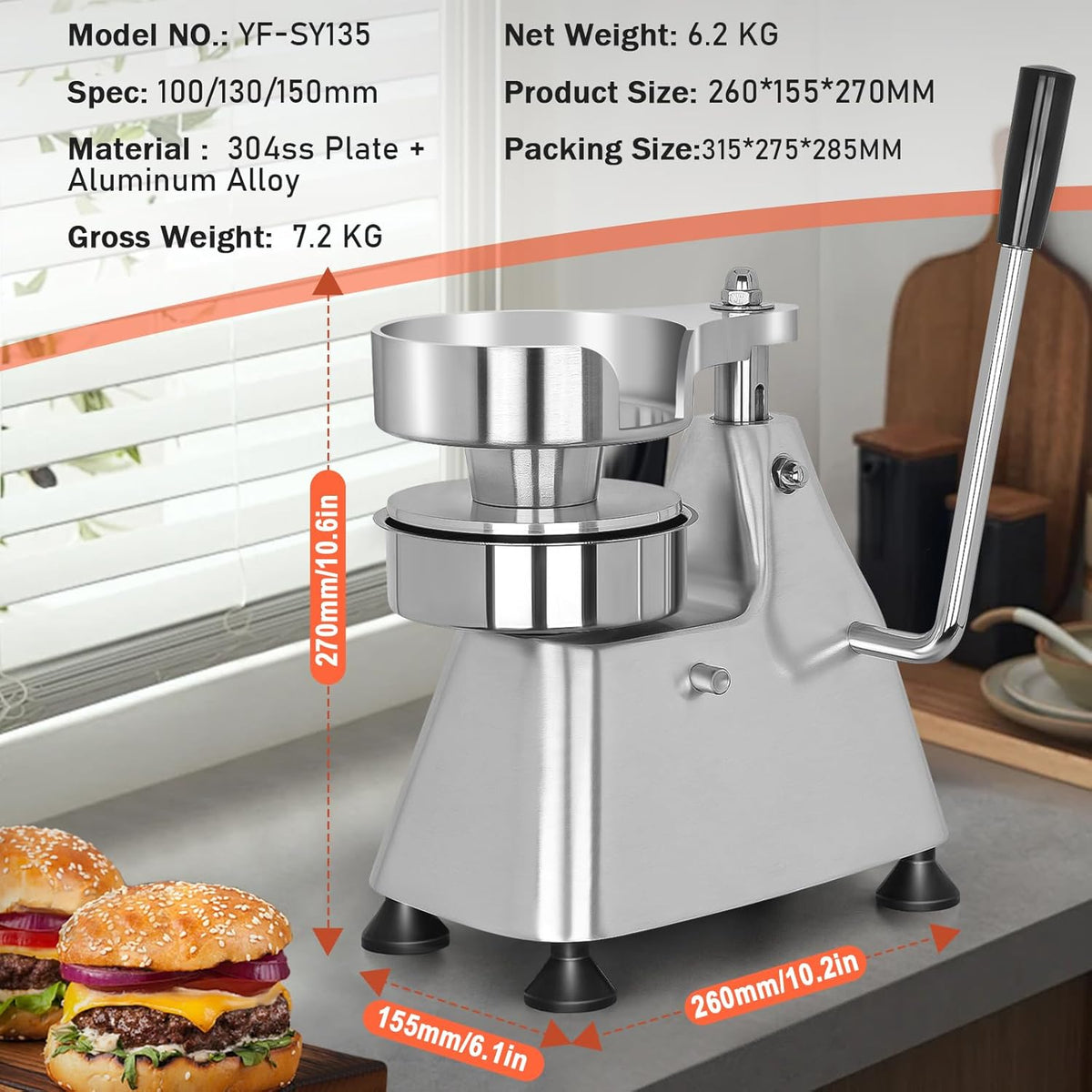 Commercial Burger Patty Maker 3 in 1 Stainless Steel Heavy Duty Hamburger Press (4/5/6-inch) Commercial Hamburger Press Patty Maker Machine with 1200 Pcs Patty Papers for Beef Pork Chicken Patty